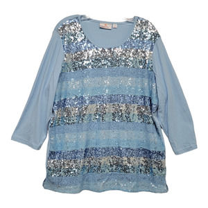 Quacker Factory Women's Loose Fit Sequined Blouse 3/4 Sleeves Blue Size XL